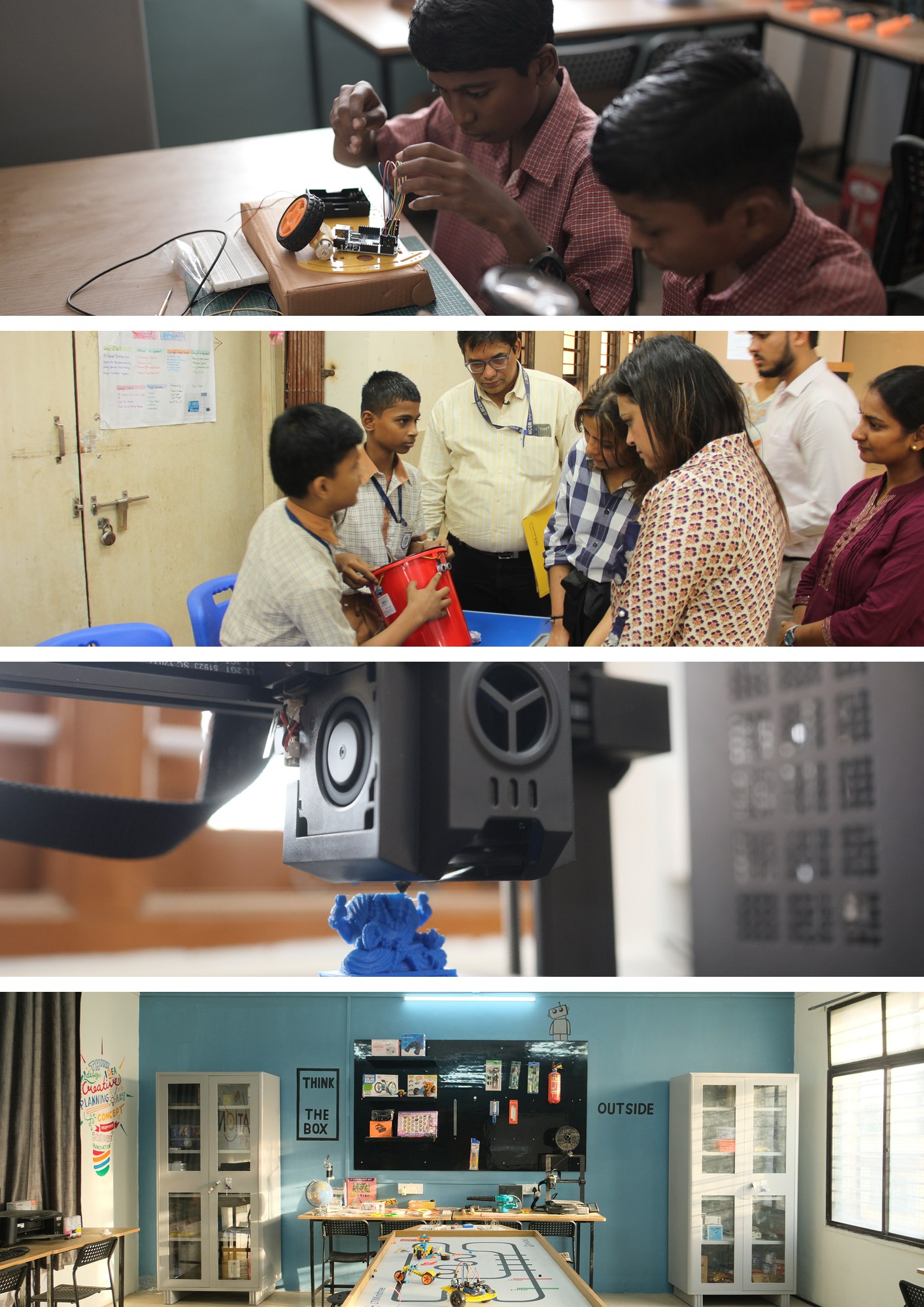 Students building a robotics kit, presenting a smart dustbin at an exhibition, a 3D printer at work, and a Maker STEAM lab